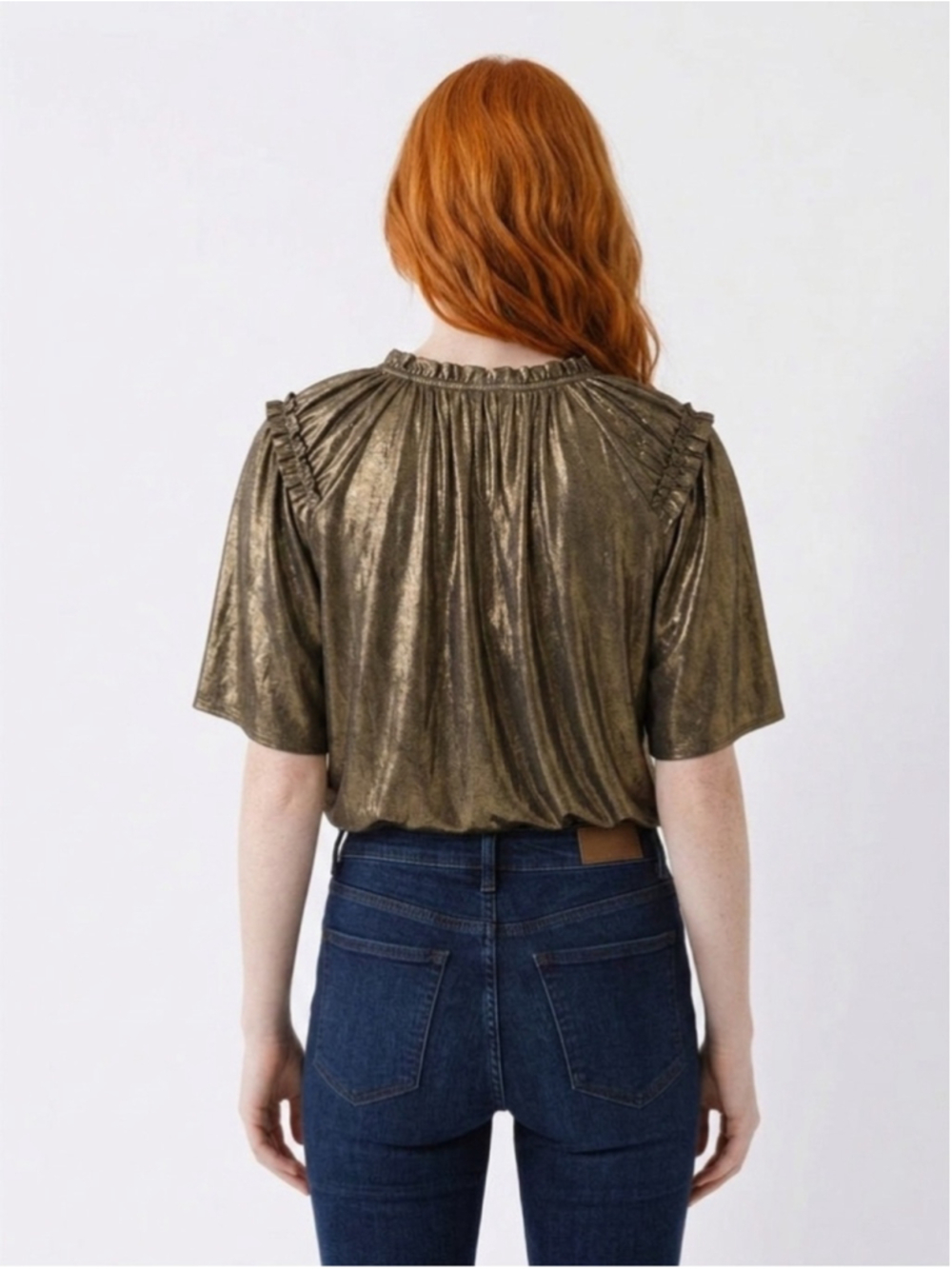 Metallic Gold Short-Sleeve Ruffled V-Neck Top - Picture 2 of 4